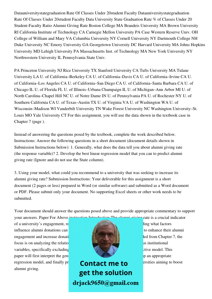 Data University State Graduation Rate % of Classes Under 20 Student-Faculty Ratio Alumni Giving Rate Boston College MA Brandeis University MA Brown University R