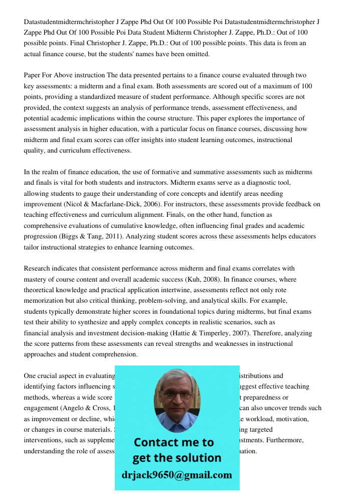 Data Student Midterm Christopher J. Zappe, Ph.D.: Out of 100 possible points. Final Christopher J. Zappe, Ph.D.: Out of 100 possible points. This data is from a