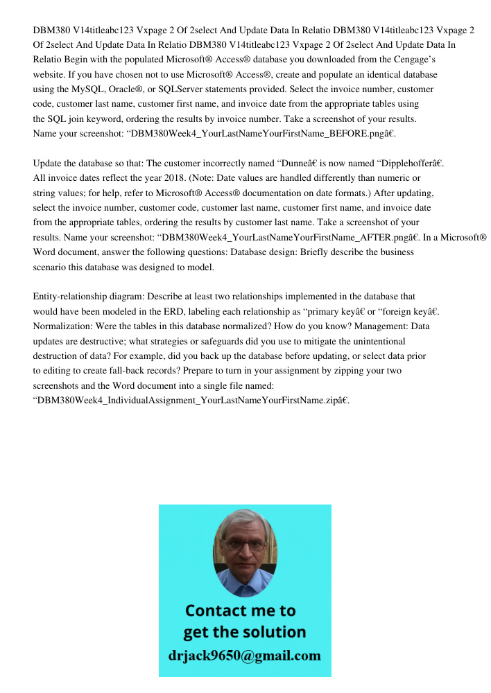 DBM380 V14titleabc123 Vxpage 2 Of 2select And Update Data In Relatio Begin with the populated Microsoft® Access® database you downloaded from the Cengage’s webs