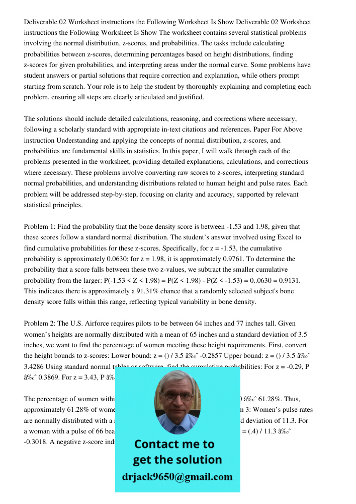 The worksheet contains several statistical problems involving the normal distribution, z-scores, and probabilities. The tasks include calculating probabilities 