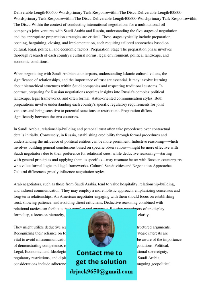 Deliverable Length400600 Wordsprimary Task Responsewithin The Discu Within the context of conducting international negotiations for a multinational oil company'