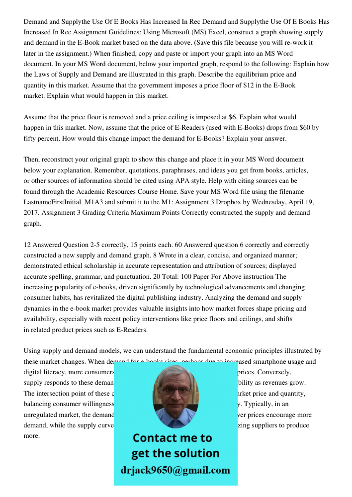 Assignment Guidelines: Using Microsoft (MS) Excel, construct a graph showing supply and demand in the E-Book market based on the data above. (Save this file bec