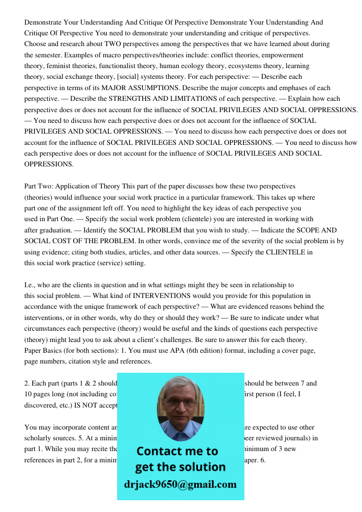 You need to demonstrate your understanding and critique of perspectives. Choose and research about TWO perspectives among the perspectives that we have learned 