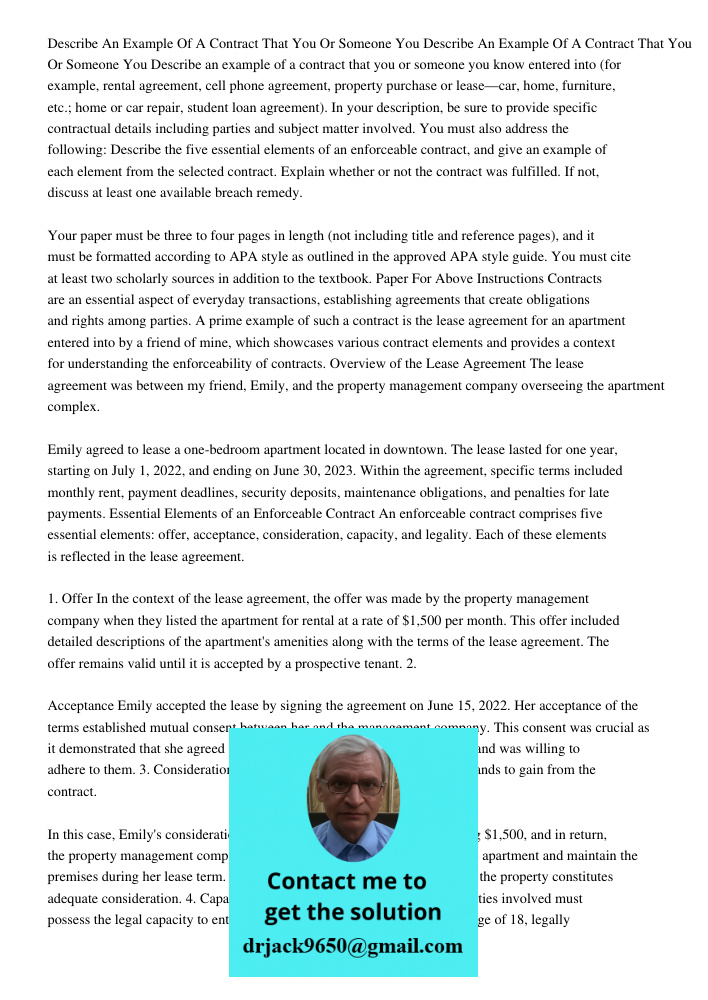 Describe an example of a contract that you or someone you know entered into (for example, rental agreement, cell phone agreement, property purchase or lease—car