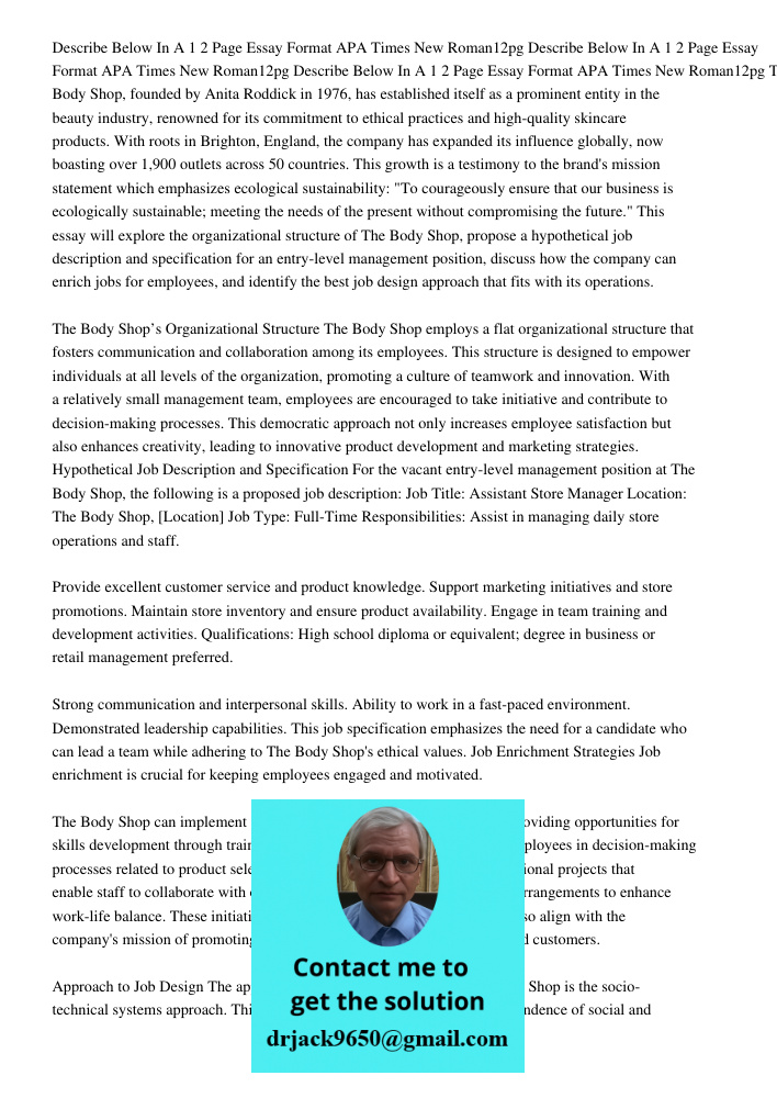 Describe Below In A 1 2 Page Essay Format APA Times New Roman12pg The Body Shop, founded by Anita Roddick in 1976, has established itself as a prominent entity 