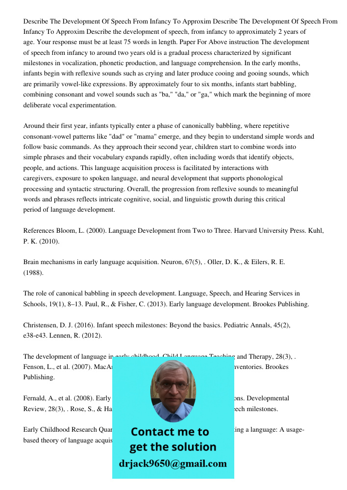 Describe the development of speech, from infancy to approximately 2 years of age. Your response must be at least 75 words in length. Paper For Above instruction