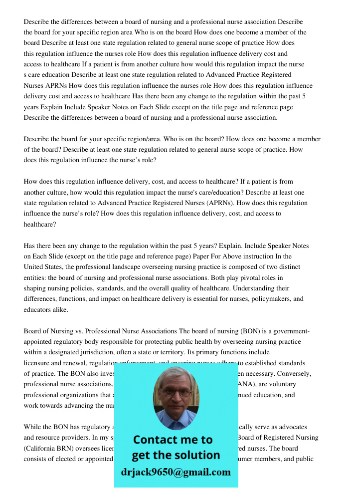 Paper For Above instruction In the United States, the professional landscape overseeing nursing practice is composed of two distinct entities: the board of nurs