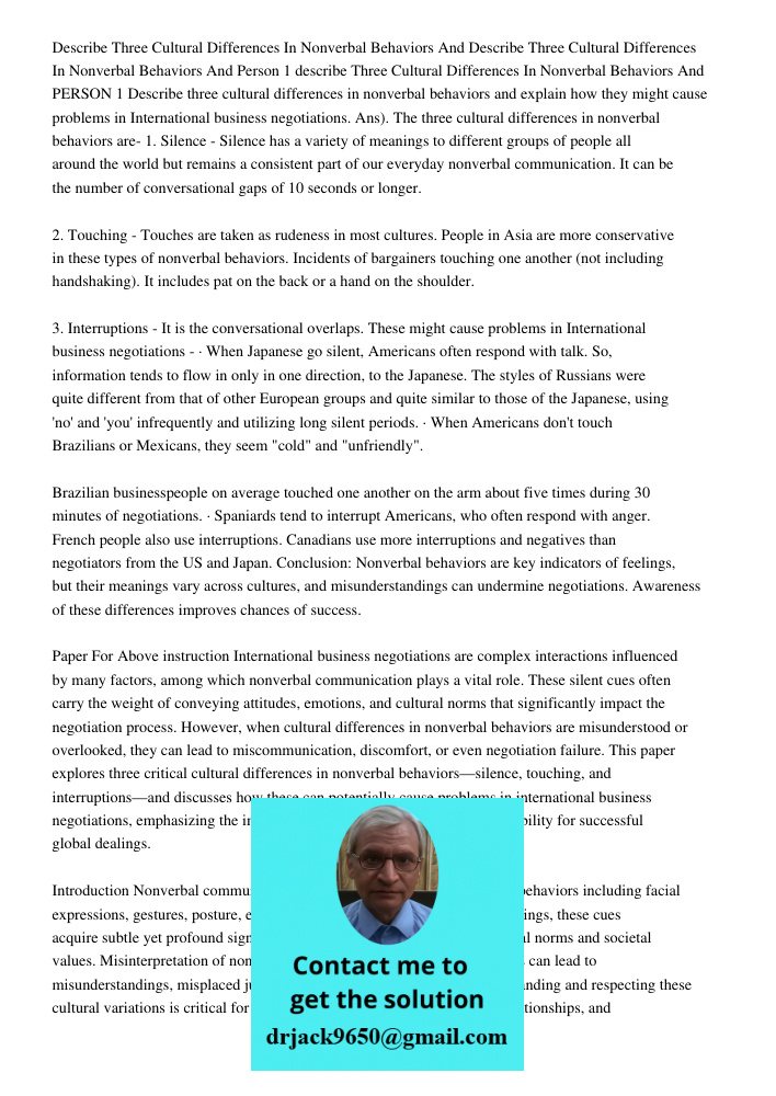 Person 1 describe Three Cultural Differences In Nonverbal Behaviors And PERSON 1 Describe three cultural differences in nonverbal behaviors and explain how they