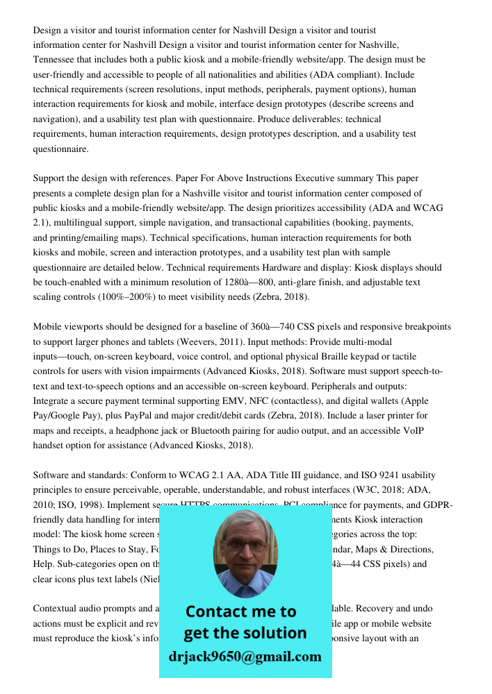 Design a visitor and tourist information center for Nashville, Tennessee that includes both a public kiosk and a mobile-friendly website/app. The design must be