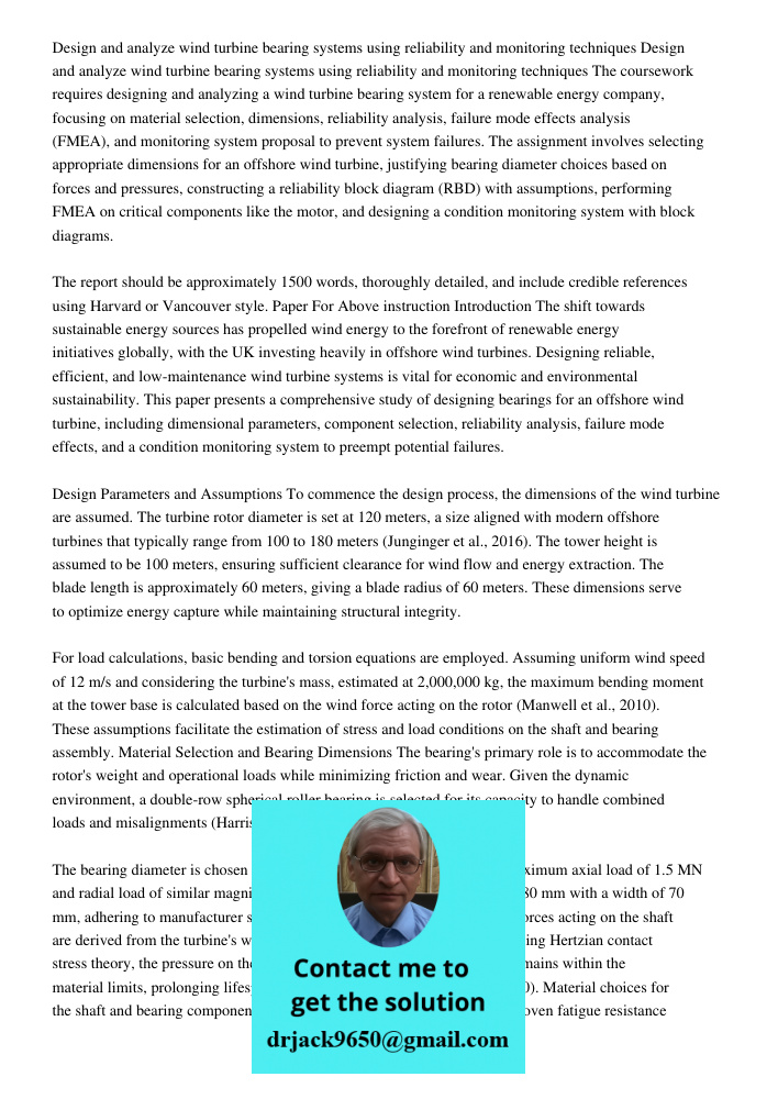 The coursework requires designing and analyzing a wind turbine bearing system for a renewable energy company, focusing on material selection, dimensions, reliab