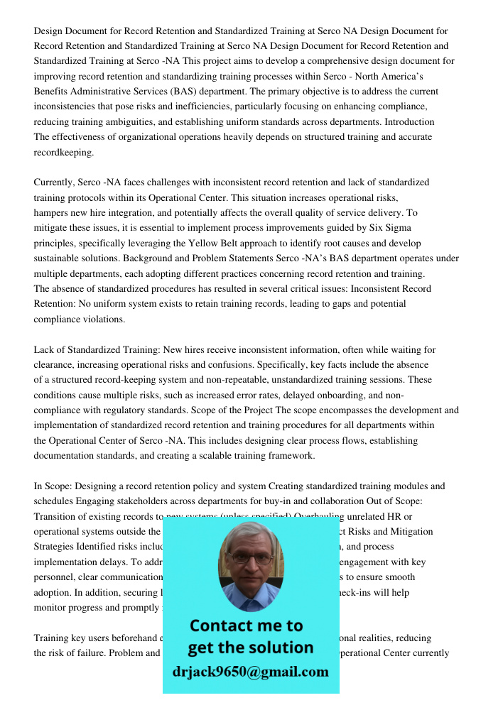 Design Document for Record Retention and Standardized Training at Serco NA This project aims to develop a comprehensive design document for improving record ret