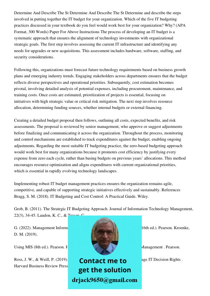 Determine and describe the steps involved in putting together the IT budget for your organization. Which of the five IT budgeting practices discussed in your te
