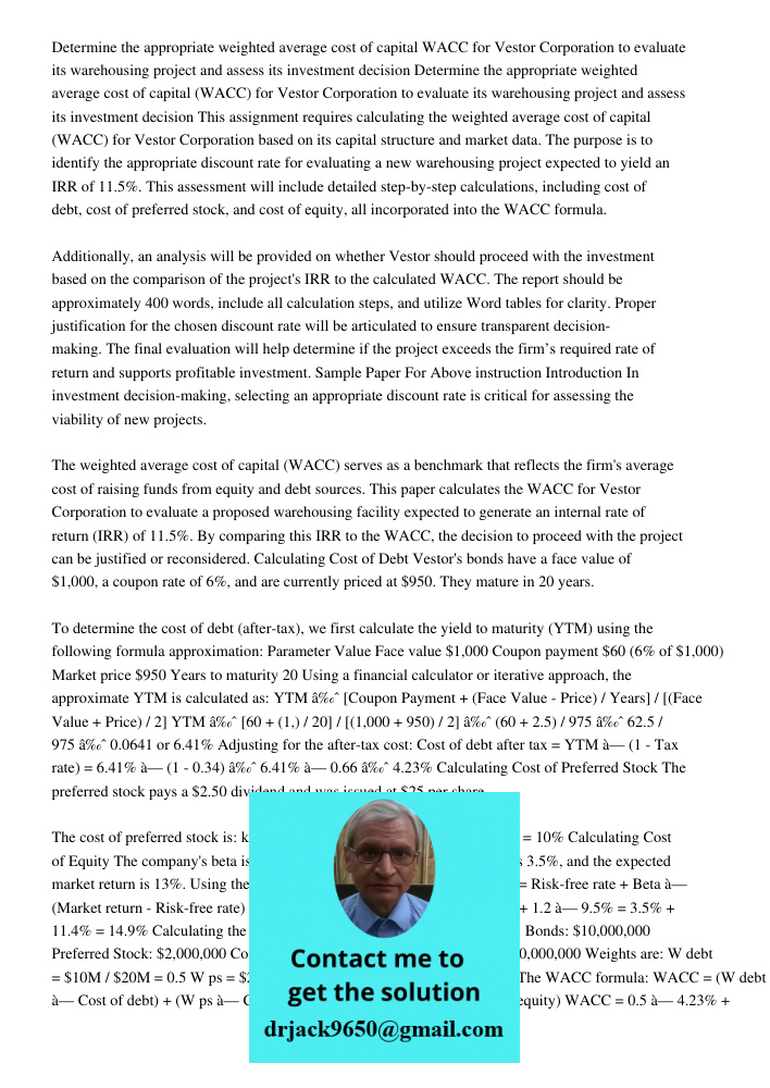 This assignment requires calculating the weighted average cost of capital (WACC) for Vestor Corporation based on its capital structure and market data. The purp