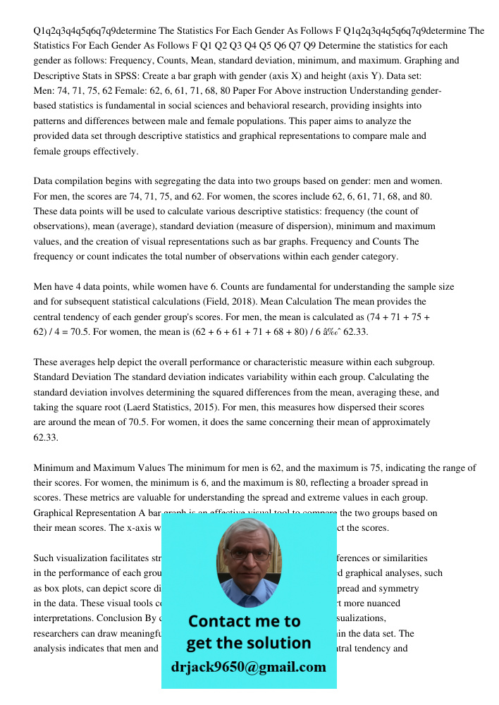 Q1 Q2 Q3 Q4 Q5 Q6 Q7 Q9 Determine the statistics for each gender as follows: Frequency, Counts, Mean, standard deviation, minimum, and maximum. Graphing and Des