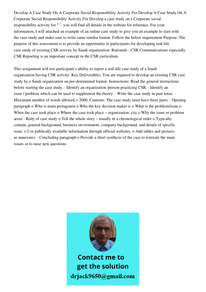 Develop a case study on a Corporate social responsibility activity for " ". you will find all details in the website for reference. For your information, I will