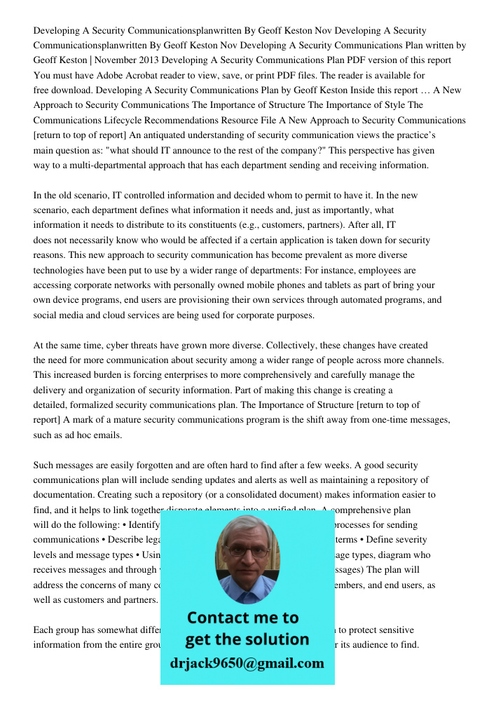 Developing A Security Communications Plan written by Geoff Keston | November 2013 Developing A Security Communications Plan PDF version of this report You must 