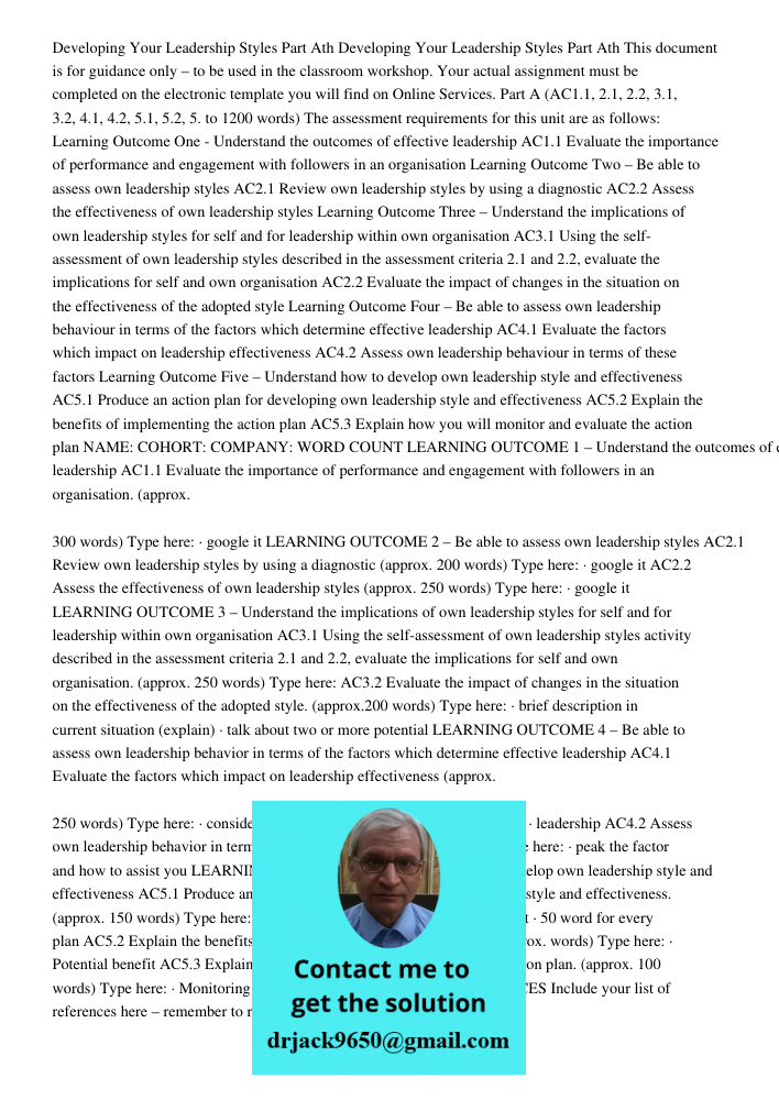 This document is for guidance only – to be used in the classroom workshop. Your actual assignment must be completed on the electronic template you will find on 