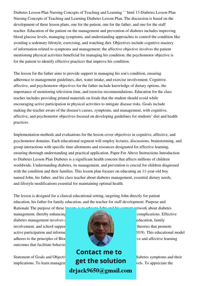 Diabetes Lesson Plan: Nursing Concepts Of Teaching And Learn