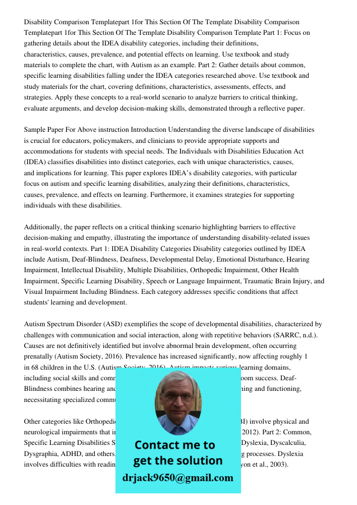 Disability Comparison Template Part 1: Focus on gathering details about the IDEA disability categories, including their definitions, characteristics, causes, pr