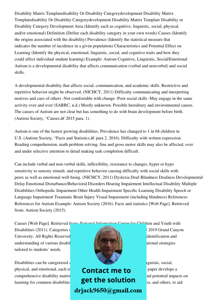 Disability Matrix Template Disability or Disability Category Development Area (Identify each as cognitive, linguistic, social, physical, and/or emotional) Defin