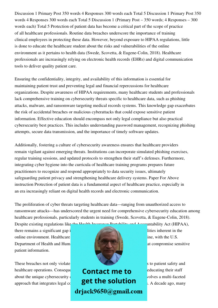 Discussion 1 Primary Post 350 words 4 Responses 300 words each Total 5 Protection of patient data has become a critical part of the scope of practice of all hea