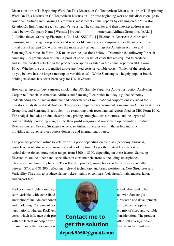 Discussion 1 prior to beginning work on this discussion, go to American Airlines and Samsung Electronics’ most recent annual reports by clicking on the “Investo
