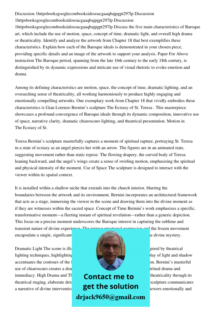 Discussion 1httpsbooksgooglecombooksidosoacgaaqbajpgpt297lp Discuss the five main characteristics of Baroque art, which include the use of motion, space, concep