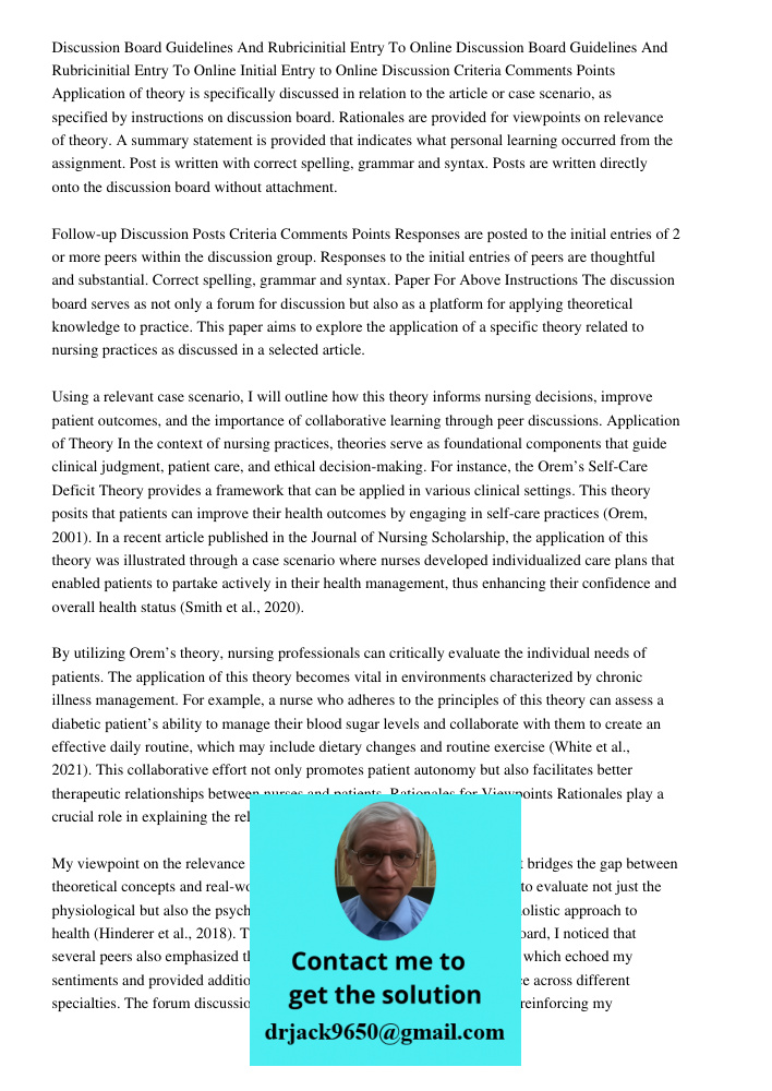 Initial Entry to Online Discussion Criteria Comments Points Application of theory is specifically discussed in relation to the article or case scenario, as spec