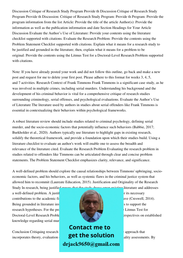 Discussion Critique of Research Study Program Provide th Program: Provide the program information from the list Article: Provide the title of the article Author