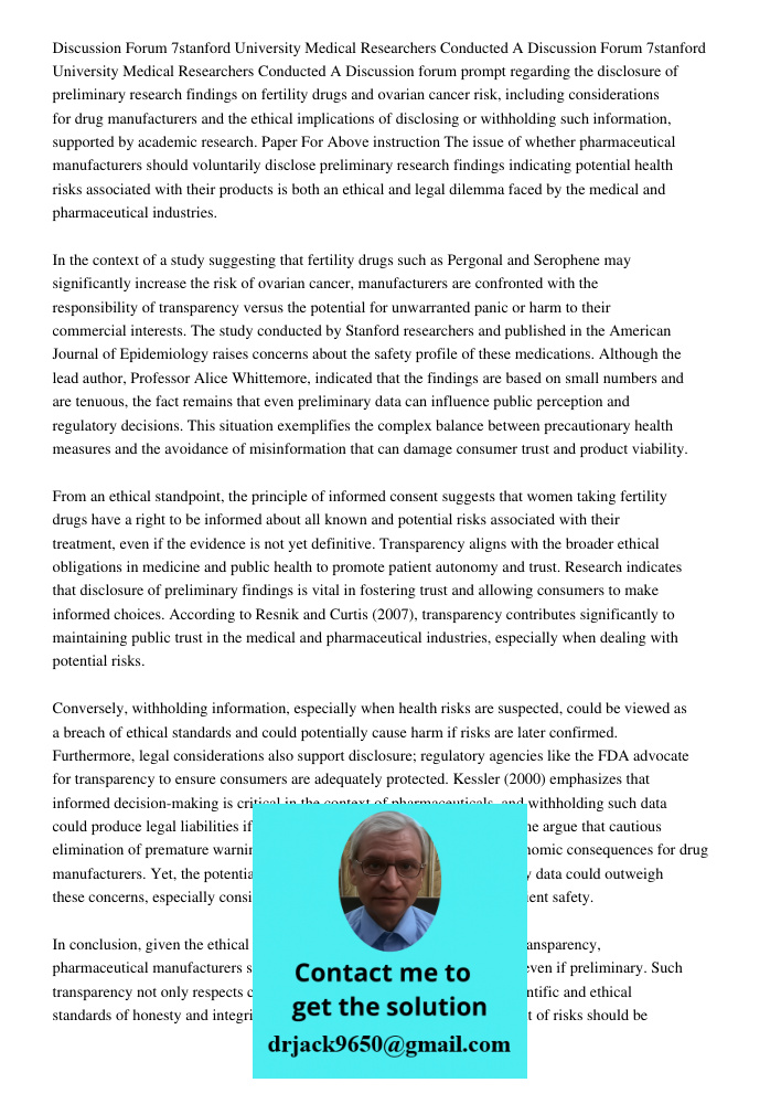 Discussion forum prompt regarding the disclosure of preliminary research findings on fertility drugs and ovarian cancer risk, including considerations for drug 