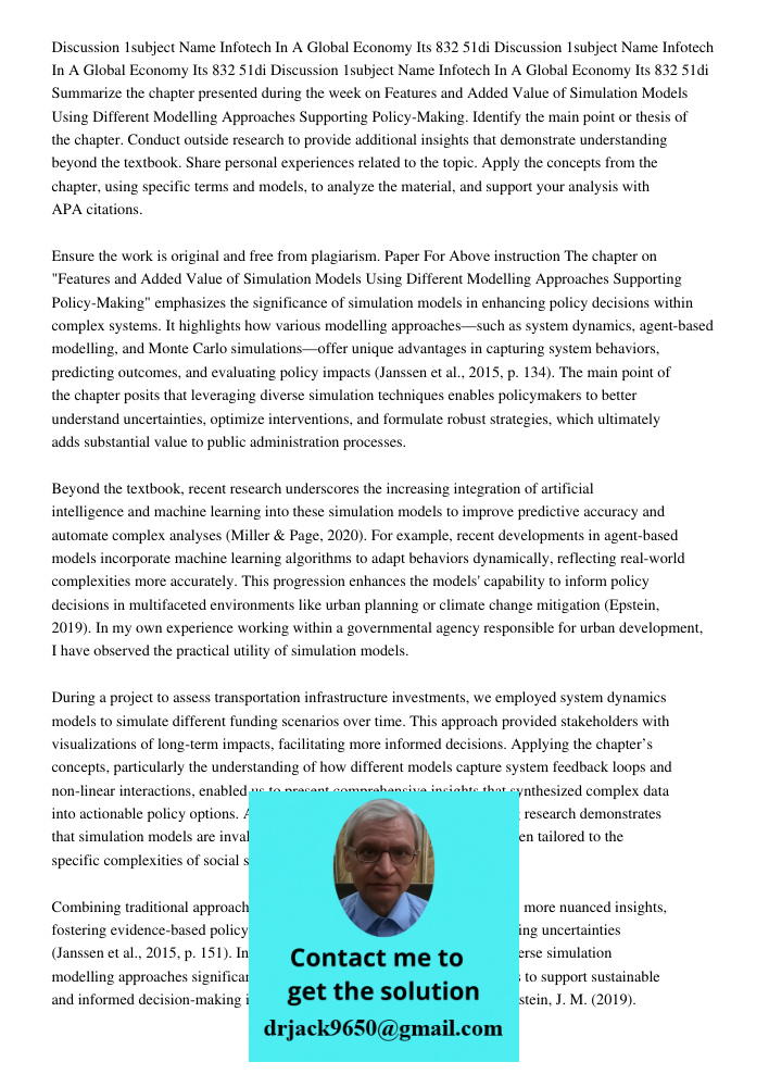 Discussion 1subject Name Infotech In A Global Economy Its 832 51di Summarize the chapter presented during the week on Features and Added Value of Simulation Mod