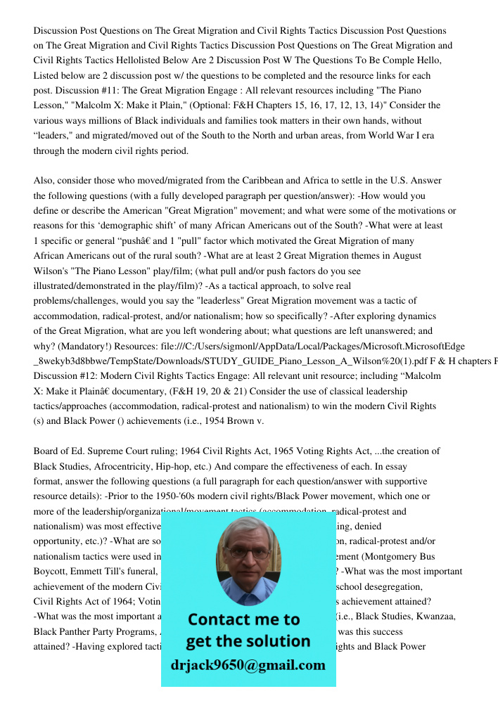 Discussion Post Questions on The Great Migration and Civil Rights Tactics Hellolisted Below Are 2 Discussion Post W The Questions To Be Comple Hello, Listed bel
