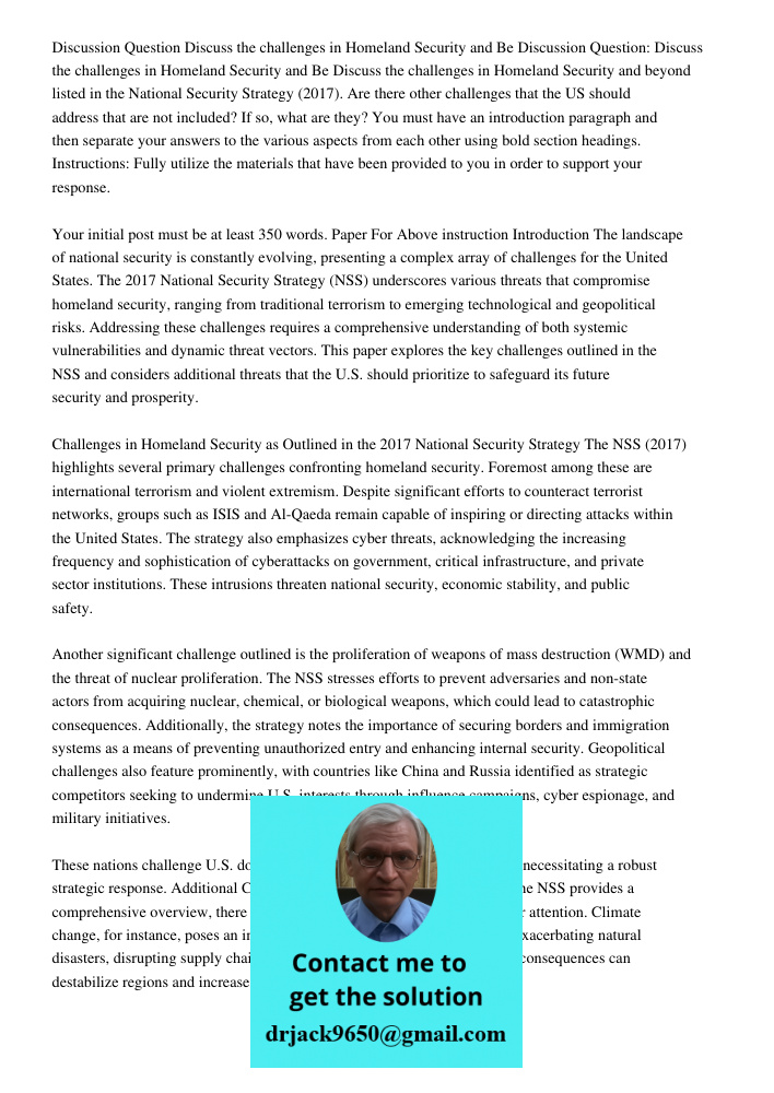 Discuss the challenges in Homeland Security and beyond listed in the National Security Strategy (2017). Are there other challenges that the US should address th