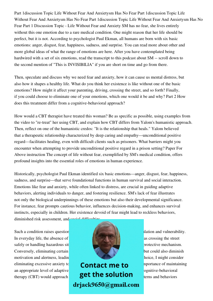Part 1discussion Topic Life Without Fear And Anxietysm Has No Fear Part 1 Discussion Topic - Life Without Fear and Anxiety SM has no fear, she lives entirely wi
