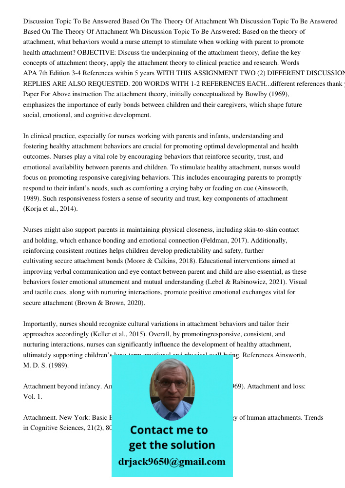 Discussion Topic To Be Answered: Based on the theory of attachment, what behaviors would a nurse attempt to stimulate when working with parent to promote health