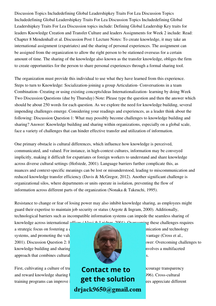 Discussion Topics Includedefining Global Leadershipkey Traits For Lea Discussion topics include: Defining Global Leadership Key traits for leaders Knowledge Cre