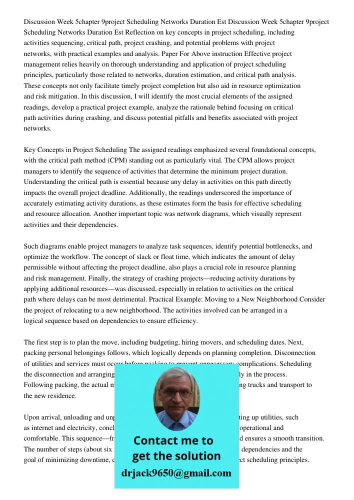 Reflection on key concepts in project scheduling, including activities sequencing, critical path, project crashing, and potential problems with project networks