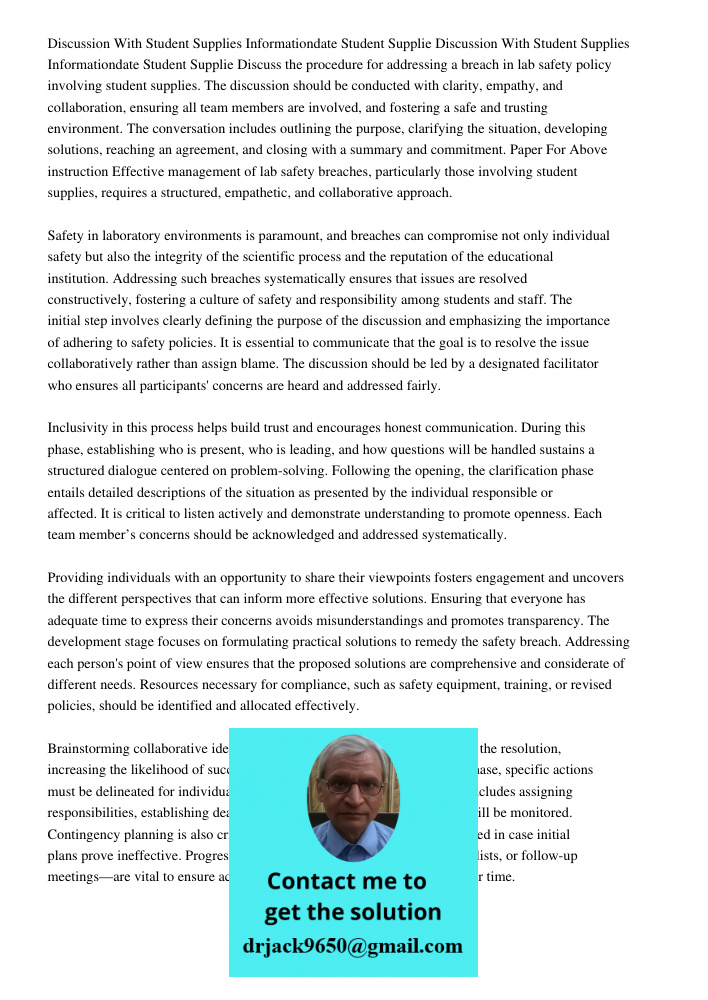 Discuss the procedure for addressing a breach in lab safety policy involving student supplies. The discussion should be conducted with clarity, empathy, and col