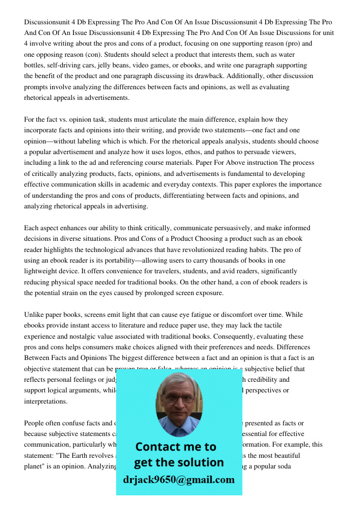 Discussionsunit 4 Db Expressing The Pro And Con Of An Issue Discussions for unit 4 involve writing about the pros and cons of a product, focusing on one support