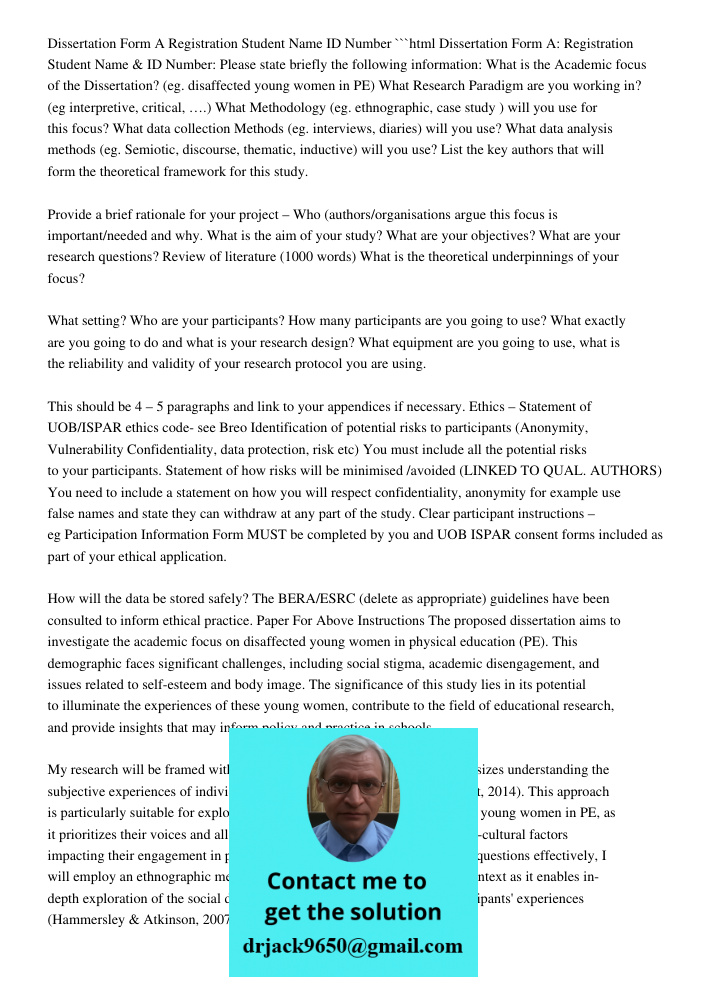 Dissertation Form A: Registration Student Name & ID Number