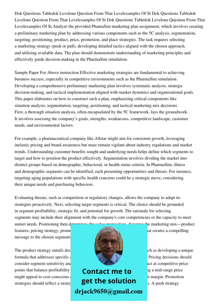 Dok Questions Tabledok Levelone Question From That Levelexamples Of St Analyze the provided PhamaSim marketing plan assignment, which involves creating a prelim