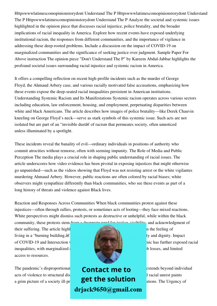 Httpswwwlatimescomopinionstory2020 05 30dont Understand The P Analyze the societal and systemic issues highlighted in the opinion piece that discusses racial in