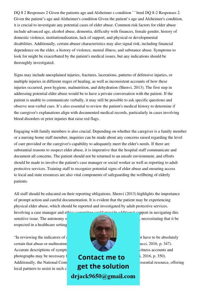 DQ 8-2 Responses 2: The Patient’s Age And Alzheimer's