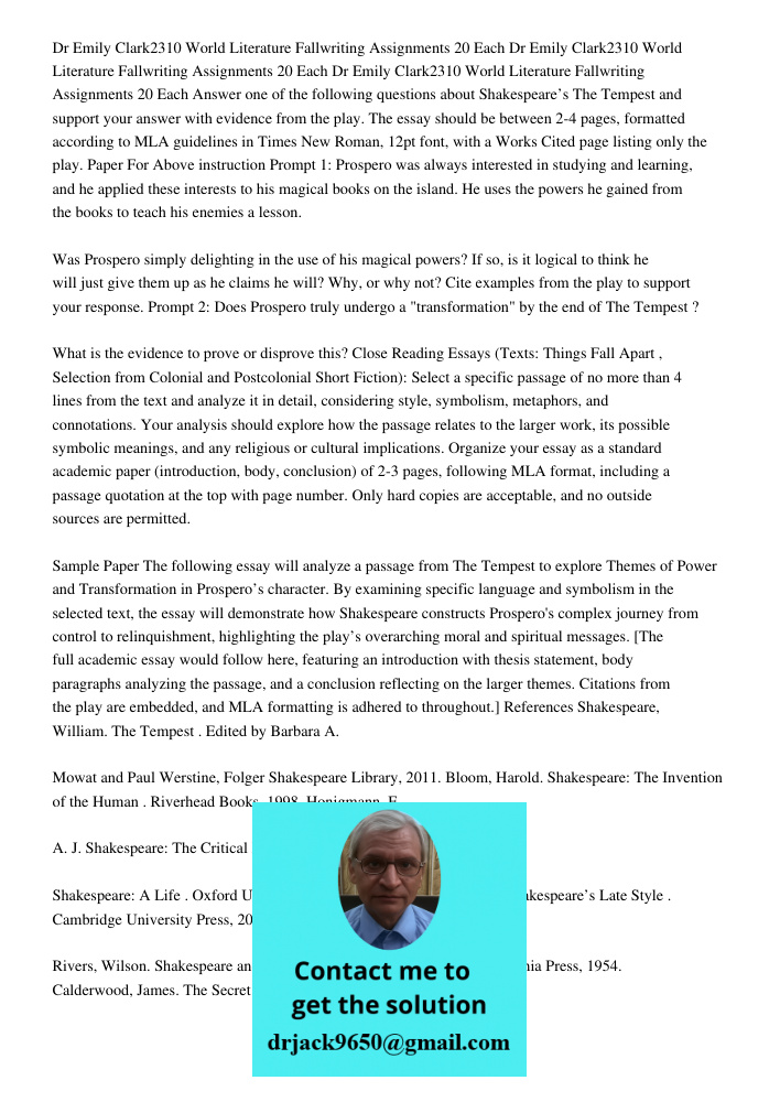 Dr Emily Clark2310 World Literature Fallwriting Assignments 20 Each Answer one of the following questions about Shakespeare’s The Tempest and support your answe