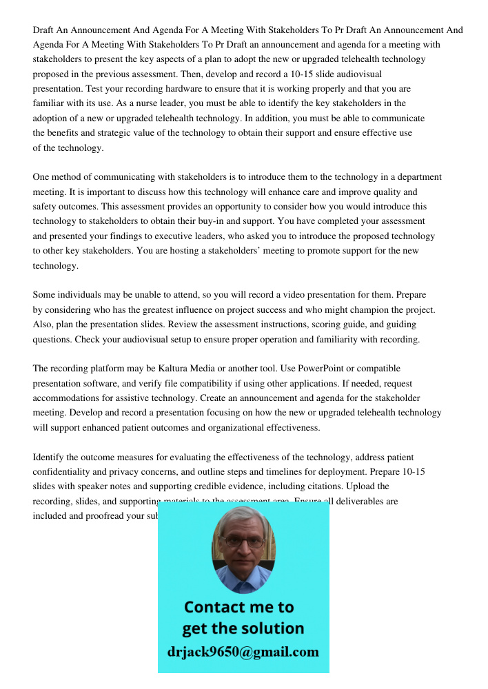 Draft an announcement and agenda for a meeting with stakeholders to present the key aspects of a plan to adopt the new or upgraded telehealth technology propose
