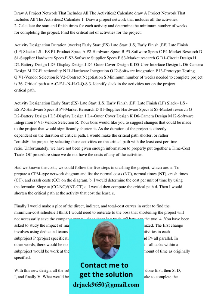 1. Draw a project network that includes all the activities. 2. Calculate the start and finish times for each activity and determine the minimum number of weeks 