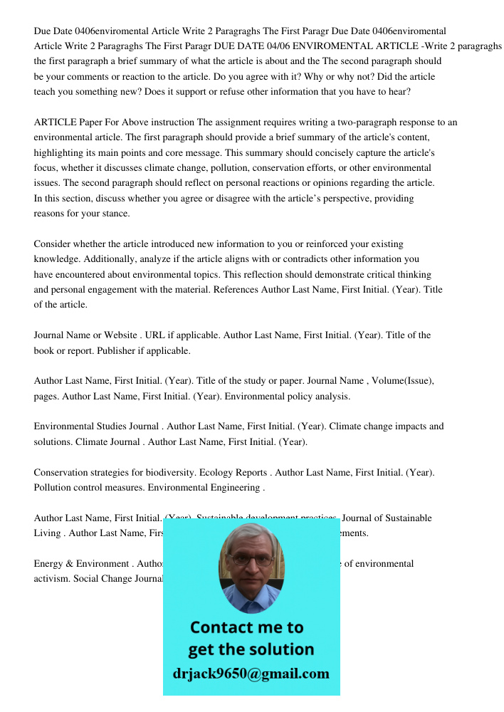 DUE DATE 04/06 ENVIROMENTAL ARTICLE -Write 2 paragraghs the first paragraph a brief summary of what the article is about and the The second paragraph should be 