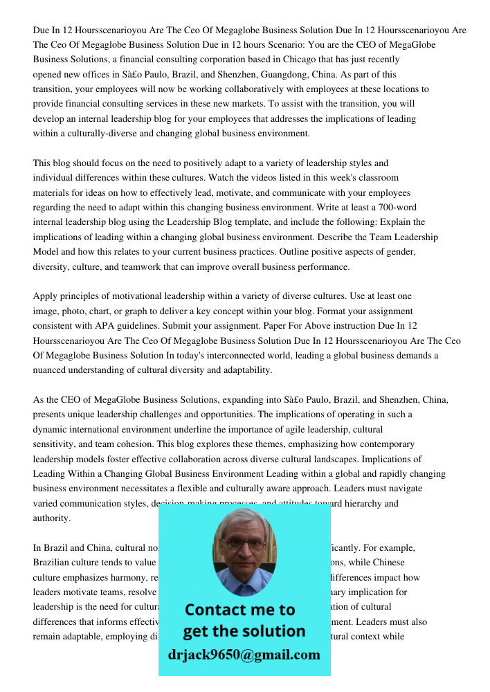 Due in 12 hours Scenario: You are the CEO of MegaGlobe Business Solutions, a financial consulting corporation based in Chicago that has just recently opened new
