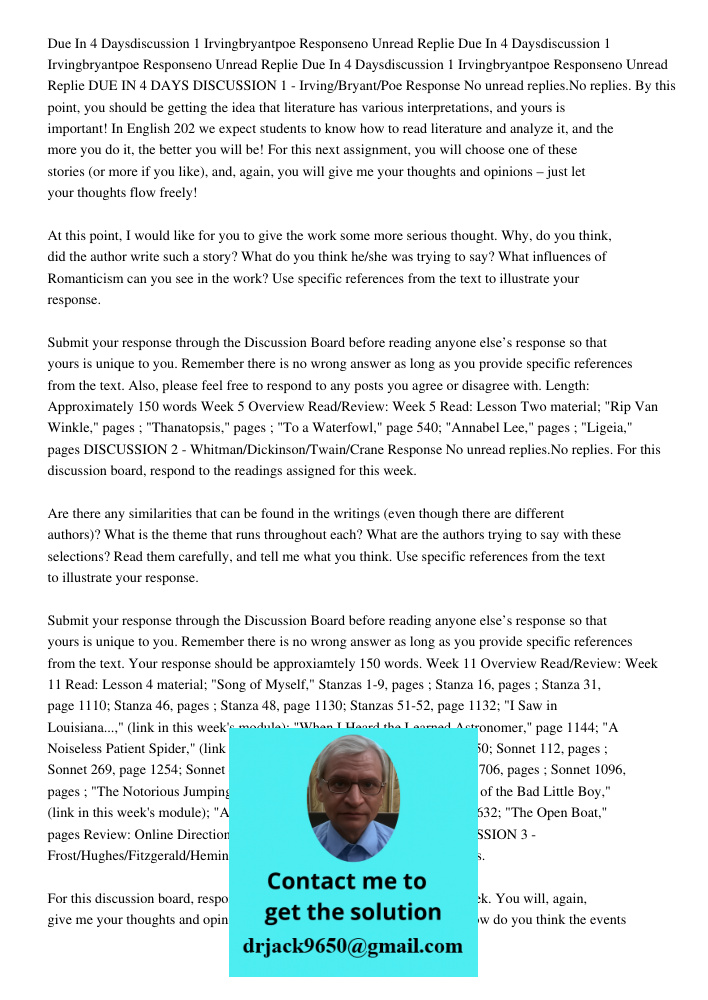 Due In 4 Daysdiscussion 1 Irvingbryantpoe Responseno Unread Replie DUE IN 4 DAYS DISCUSSION 1 - Irving/Bryant/Poe Response No unread replies.No replies. By this