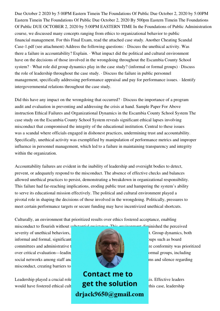 Due October 2, 2020 By 500pm Eastern Timein The Foundations Of Public DUE OCTOBER 2, 2020 by 5:00PM EASTERN TIME In the Foundations of Public Administration cou
